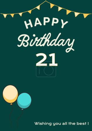 Photo for Composition of happy 21st birthday text over bunting on green background. Happy 21st birthday, celebration and birthday party concept digitally generated image. - Royalty Free Image