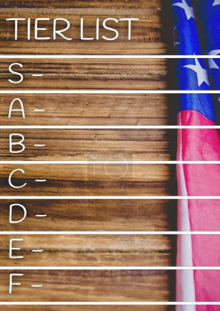 Photo for Composite of tier list text over flag of usa and wooden background. List, writing space and organising concept digitally generated image. - Royalty Free Image