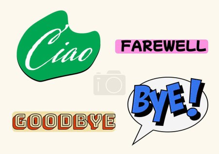 Photo for Illustration of colourful farewell, ciao, bye and goodbye text on white background, copy space. Farewell card, greeting card, aspirations, template, creative, design and leaving concept. - Royalty Free Image