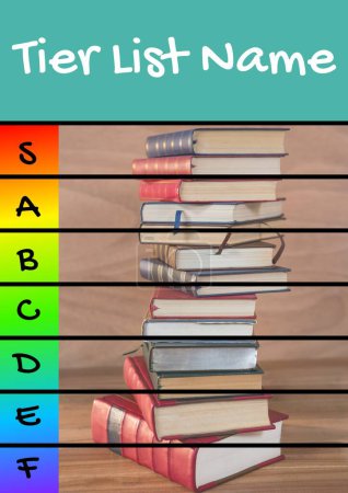 Photo for Composite of tier list text over stack of books. List, writing space and organising concept digitally generated image. - Royalty Free Image