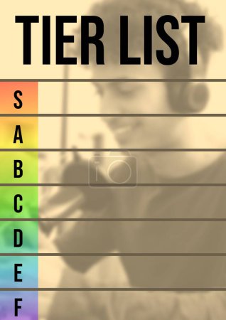 Photo for Composite of tier list text over smiling biracial man with headphones. List, writing space and organising concept digitally generated image. - Royalty Free Image
