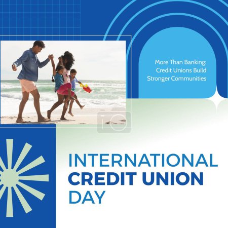 Photo for Composite of biracial parents enjoying with children at beach and international credit union day. Text, love, family, together, awareness, banking, financial cooperative, promote and celebrate. - Royalty Free Image