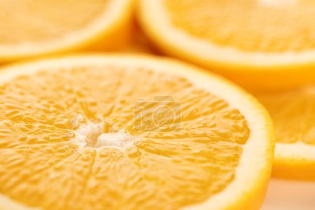 Photo for Micro close up of sliced orange and copy space. Micro photography, food, texture and colour concept. - Royalty Free Image