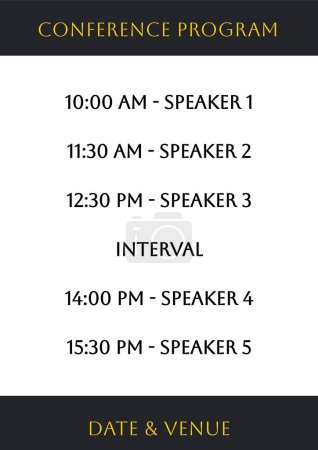 Photo for Illustration of conference program with timings, date, venue, speaker 1,2,3,4,5 and interval text. Copy space, poster, template, event, seminar, conference program, schedule, business and design. - Royalty Free Image