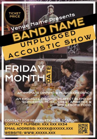 Photo for Diverse friends enjoying at bar and man singing on stage, venue name presents band name. Unplugged acoustic show, composite, friday, date, month, music festival, event, poster, advertise, template. - Royalty Free Image