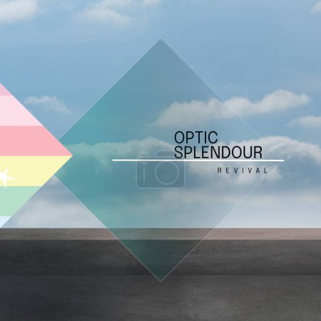 Photo for Composition of optic splendour revival text over squares and clouds on blue background. Art, music album cover and design concept digitally generated image. - Royalty Free Image