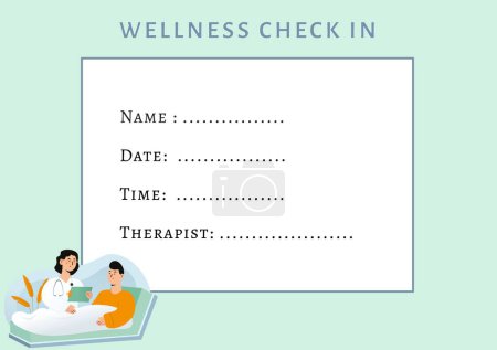 Photo for Illustration of doctor and patient with wellness check in, name, date, time, therapist text. Appointment card, meeting, medical, healthcare, planning, schedule, template and design concept. - Royalty Free Image