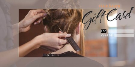 Photo for Composite of hair salon gift certificate text over caucasian female client at hairdresser salon. Hairdressing, hair and beauty and gift certificate offers concept digitally generated image. - Royalty Free Image