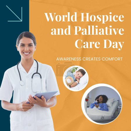 Photo for Diverse doctor and patients with world hospice and palliative care day, awareness creates comfort. Composite, medical, healthcare, support, awareness, celebrate and prevention concept. - Royalty Free Image