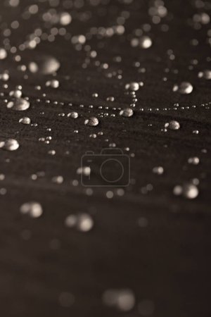 Foto de Micro primer plano de gotas de agua con espacio de copia sobre fondo negro. Micro fotografía, líquido, textura y concepto de color. - Imagen libre de derechos
