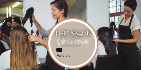 Photo for Composite of hair salon gift certificate text over diverse female hairdressers with female clients. Hairdressing, hair and beauty and gift certificate offers concept digitally generated image. - Royalty Free Image