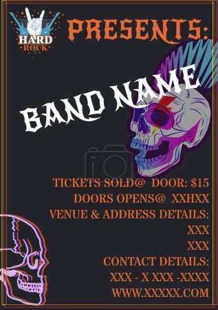 Photo for Illustration of skull and hard rock presents band name, tickets sold at 15 dollar, venue, address. Contact details, music festival, art, event, poster, advertisement, template and design concept. - Royalty Free Image