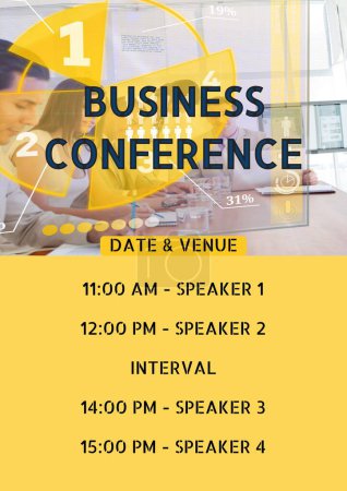 Photo for Business conference, date, venue, timings, speaker 1,2,3,4 and interval over colleagues in meeting. Composite, office, poster, template, event, seminar, conference program, schedule, business. - Royalty Free Image