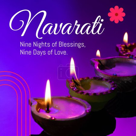 Photo for Composite of diyas with navaratri, nine nights of blessings, nine days of love text and flowers. Dussehra, greeting card, hindu festival, tradition and celebration concept. - Royalty Free Image