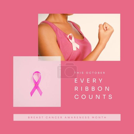 Photo for This october every ribbon counts text and biracial woman with pink ribbon flexing muscles. Composite, breast cancer awareness month, pink october, medical, healthcare, support and prevention. - Royalty Free Image