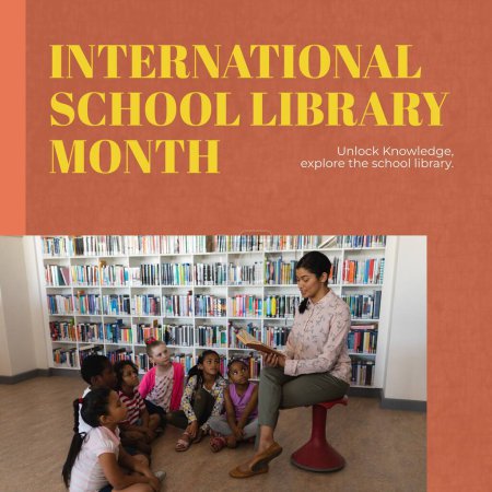 Photo for Composite of international school library month text and diverse teacher reading book for children. Childhood, unlock knowledge, explore the school library, education, reading and celebration concept. - Royalty Free Image