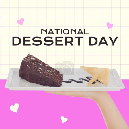Photo for Composite of national dessert day text and cropped hand of caucasian person holding cake slice. Heart shape, grid, copy space, sweet food, indulgence and celebration concept. - Royalty Free Image
