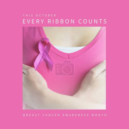 Photo for Composite of this october every ribbon counts text and caucasian woman with pink ribbon on breast. Copy space, breast cancer awareness month, pink october, medical, healthcare, support and prevention. - Royalty Free Image