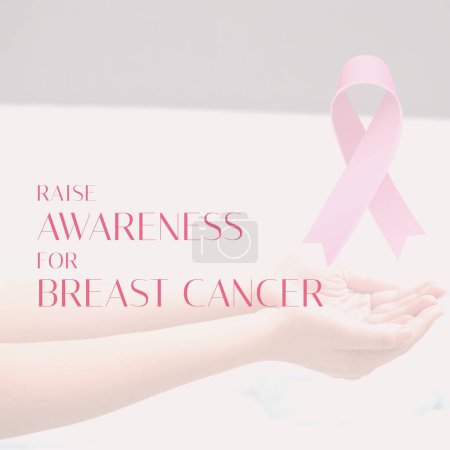 Photo for Composite of raise awareness for breast cancer text over caucasian woman hands with pink ribbon. Pink october, medical, healthcare, support and prevention concept. - Royalty Free Image
