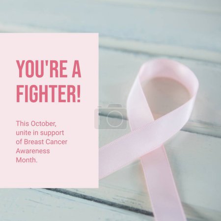 Foto de Este octubre se unen en apoyo del texto del mes de concienciación sobre el cáncer de mama y la cinta rosa sobre la mesa. Compuesto, eres un luchador, rosa octubre, médico, sanitario, apoyo y concepto de prevención. - Imagen libre de derechos
