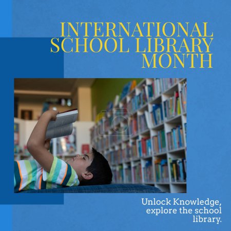 Photo for International school library month text and caucasian boy reading book and lying in library. Composite, unlock knowledge, explore the school library, childhood, education, reading and celebration. - Royalty Free Image