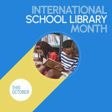 Photo for This october, international school library month text and diverse children reading book in library. Composite, school, library, childhood, education, student, knowledge and celebration concept. - Royalty Free Image