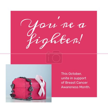 Foto de Este octubre se unen en apoyo del texto del mes de concienciación sobre el cáncer de mama y la cinta rosa en la caja. Compuesto, eres un luchador, rosa octubre, médico, sanitario, apoyo y concepto de prevención. - Imagen libre de derechos