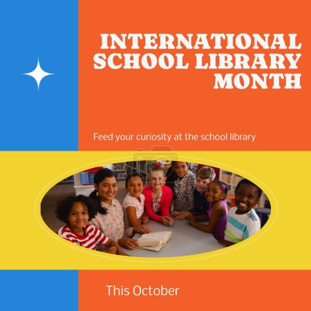 Photo for This october, international school library month text and diverse teacher teaching children. Composite, smile, feed your curiosity at the school library, childhood, education, knowledge and celebrate. - Royalty Free Image