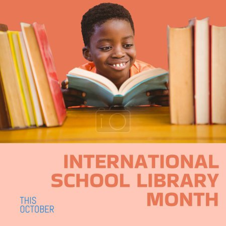 Photo for This october, international school library month text and african american smiling boy reading book. Composite, school, student, childhood, education, knowledge and celebration concept. - Royalty Free Image