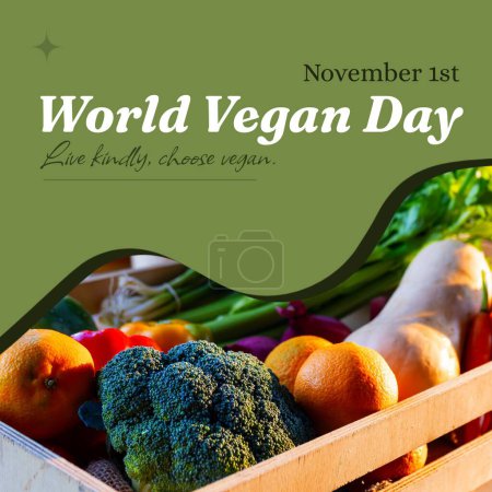 Photo for November 1st, world vegan day, live kindly, choose vegan with various fresh fruits and vegetables. Composite, veganism, organic, food, healthy, support and celebration concept. - Royalty Free Image