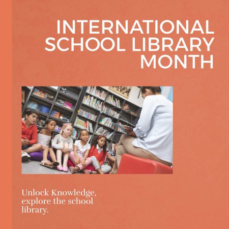 Photo for Composite of international school library month text and diverse teacher reading book for children. Unlock knowledge, explore the school library, childhood, education, reading and celebration concept. - Royalty Free Image