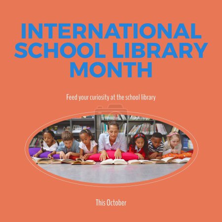 Photo for This october, international school library month text and diverse teacher with children reading book. Composite, feed your curiosity at the school library, childhood, education, celebration. - Royalty Free Image