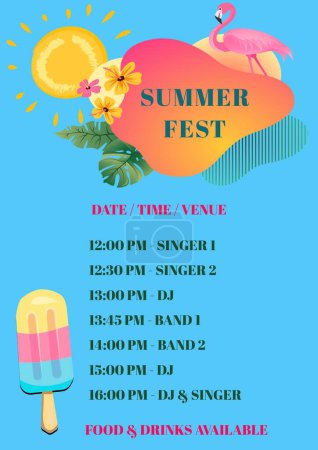 Photo for Illustration of flamingo and sun with summer fest, date, time, venue, timings, singer, band, dj text. Food and drinks available, popsicle, poster, template, event, program, advertise, enjoyment. - Royalty Free Image
