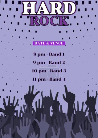 Photo for Illustration of group of hands and hard rock, date and venue with timings and band 1,2,3,4 text. Music festival, concert, poster, template, event, program, advertise, enjoyment and design concept. - Royalty Free Image