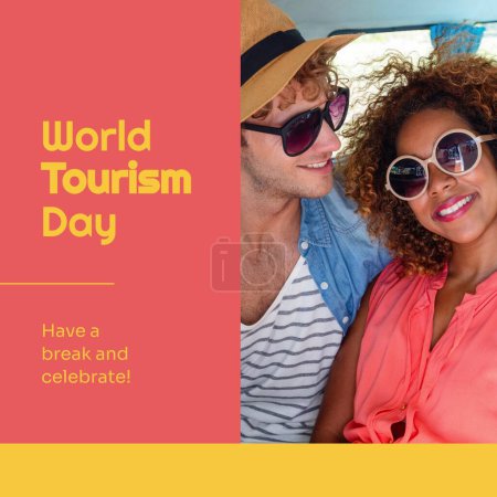 Photo for Composite of have a break and celebrate world tourism day text over diverse couple in camper van. World tourism day, travel and vacation concept digitally generated image. - Royalty Free Image