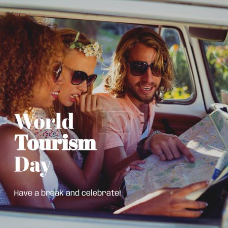 Photo for Composite of have a break and celebrate world tourism day text over diverse friends in camper van. World tourism day, travel and vacation concept digitally generated image. - Royalty Free Image