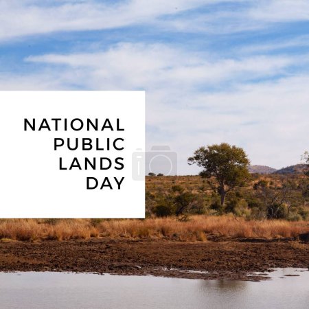 Téléchargez les photos : Composite du texte de la journée nationale des terres publiques sur le paysage. Journée nationale des terres publiques, concept de nature et de paysage image générée numériquement. - en image libre de droit