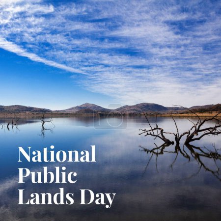 Téléchargez les photos : Composite du texte de la journée nationale des terres publiques sur le paysage. Journée nationale des terres publiques, concept de nature et de paysage image générée numériquement. - en image libre de droit