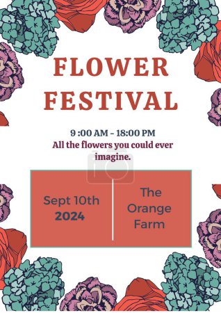 Photo for Illustration of flowers and flower festival, 9 am to 6 pm, sep 10th 2024, the orange farm text. All the flowers you could ever imagine, poster, template, event, program, advertise, enjoyment, design. - Royalty Free Image