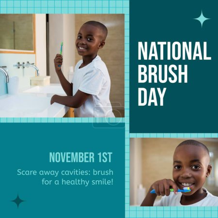 Photo for Collage of african american boy brushing teeth, november 1st and national brush day text. Score away cavities, brush for a healthy smile, support, childhood, dental health, hygiene, protection. - Royalty Free Image