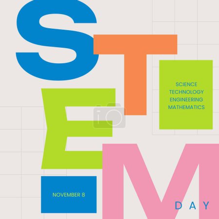Photo for Illustration of colourful stem day, november 8, science, technology, engineering, mathematics text. Copy space, vector, innovation, education and celebration concept. - Royalty Free Image