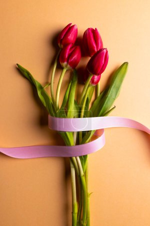 Foto de Imagen vertical de racimo de tulipanes rojos con cinta rosa y espacio de copia sobre fondo naranja. Concepto de flor, planta, forma, naturaleza y color. - Imagen libre de derechos