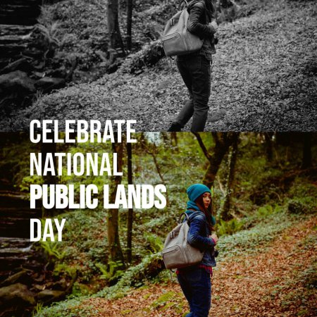 Téléchargez les photos : Composite de célébrer la Journée nationale des terres publiques texte sur la femme asiatique dans la forêt. Journée nationale des terres publiques, beauté dans la nature et concept de paysage image générée numériquement. - en image libre de droit