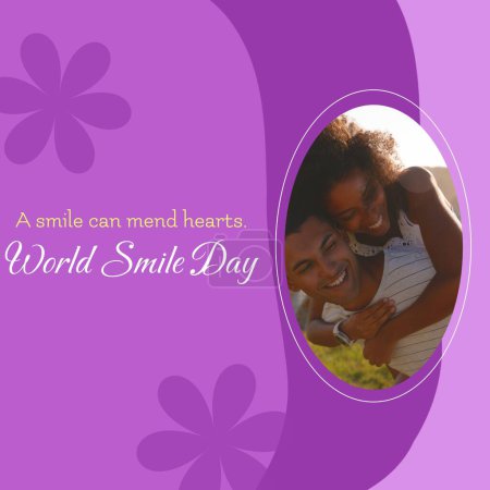 Photo for A smile can mend hearts world smile day text and diverse couple smiling. Smiling, happiness and facial expression concept digitally generated image. - Royalty Free Image