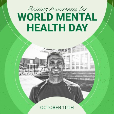 Photo for Composite of world mental health day text over smiling caucasian man. Mental health, support and mental health awareness concept digitally generated image. - Royalty Free Image