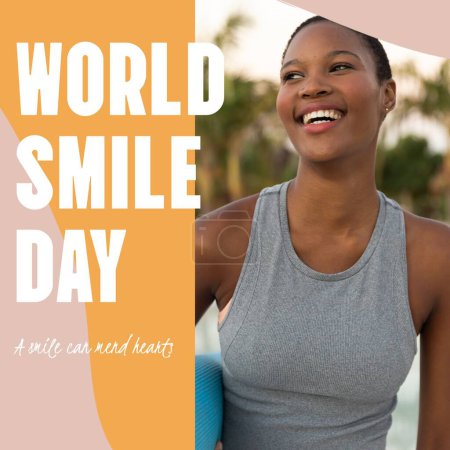 Téléchargez les photos : Composite of world smile day text and african american woman souriant sur fond orange. Sourire, bonheur et expression faciale concept image générée numériquement. - en image libre de droit