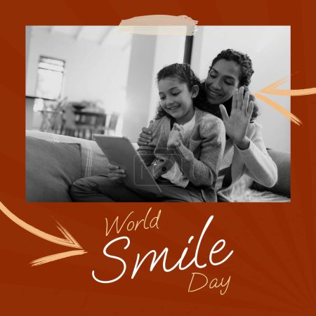 Photo for Composite of world smile day text and biracial mother and daughter smiling over brown background. Smiling, happiness and facial expression concept digitally generated image. - Royalty Free Image