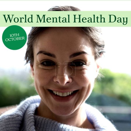 Photo for Composite of world mental health day text over smiling caucasian woman. Mental health, support and mental health awareness concept digitally generated image. - Royalty Free Image