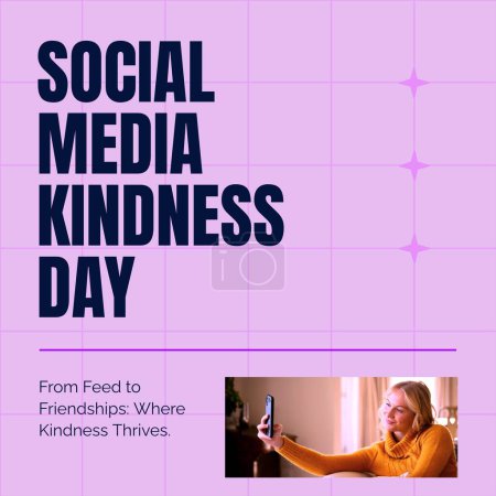 Photo for Composite of social media kindness day text over caucasian woman using smartphone. Social media, global connections and online kindness concept digitally generated image. - Royalty Free Image