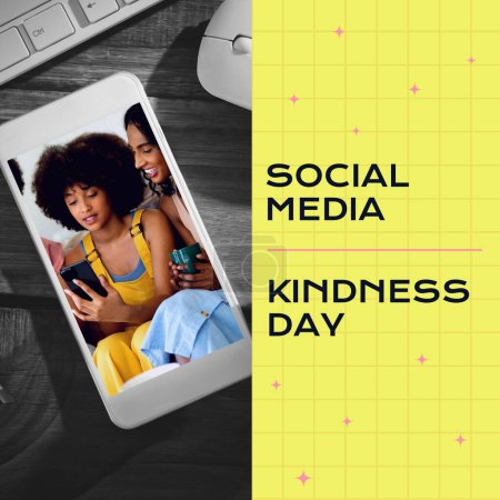 Photo for Composite of social media kindness day text over diverse people using smartphones. Social media, global connections and online kindness concept digitally generated image. - Royalty Free Image